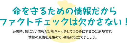 命を守るための情報だからファクトチェックは欠かさない！ 災害時、信じたい情報だけをキャッチしてうのみにするのは危険です。 情報の真偽を見極めて、判断に役立てましょう。