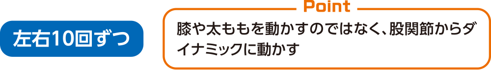 左右10回ずつ 膝や太ももを動かすのではなく、股関節からダイナミックに動かす