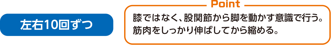 左右10回ずつ 膝や太ももを動かすのではなく、股関節からダイナミックに動かす