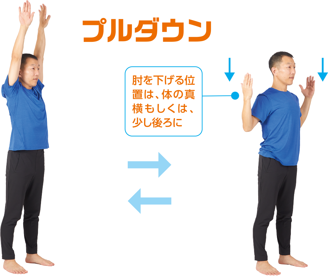 プルダウン 肘を下げる位置は、体の真横もしくは、少し後ろに